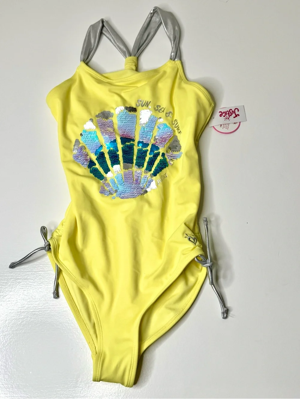 Justice Girls Yellow One-Piece Swimsuit with Silver Shell Accent